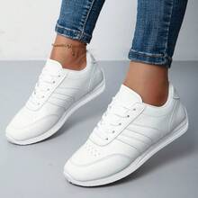 New Women's Casual Sports Shoes, Lace Up Design, Lightweight Flat Sports Shoes, Breathable Fabric Lining, Low Cut Running Shoes, Comfortable Walking Shoes, Plus Size Elegant Sports Women's Shoes - trắng - Xem 2