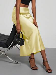 Se-Helo Fashion Women's Elastic Satin Finish Maxi Skirt - Sunlight Yellow - Sunlight Yellow - View 3