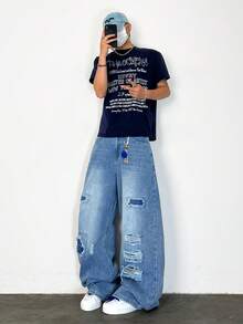 1 件男士休闲宽松阔腿牛仔裤，做旧牛仔布，带补丁设计，街头潮流 - 藍色 - 查看 2