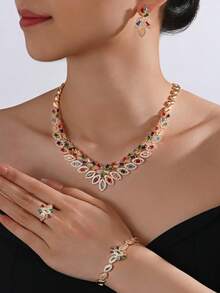 Dubai Luxury Faux Pearl Shimmer Heavy Duty Multicolored Cubic Zirconia 4-Piece V-Shaped Pakistani Saudi Arabian Bridal Party Jewelry Set Wedding Accessories Gift - Four Piece Set - View 13