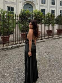 性感蕾丝拼布缎面露背系带派对连衣裙 - 黑色 - 查看 8