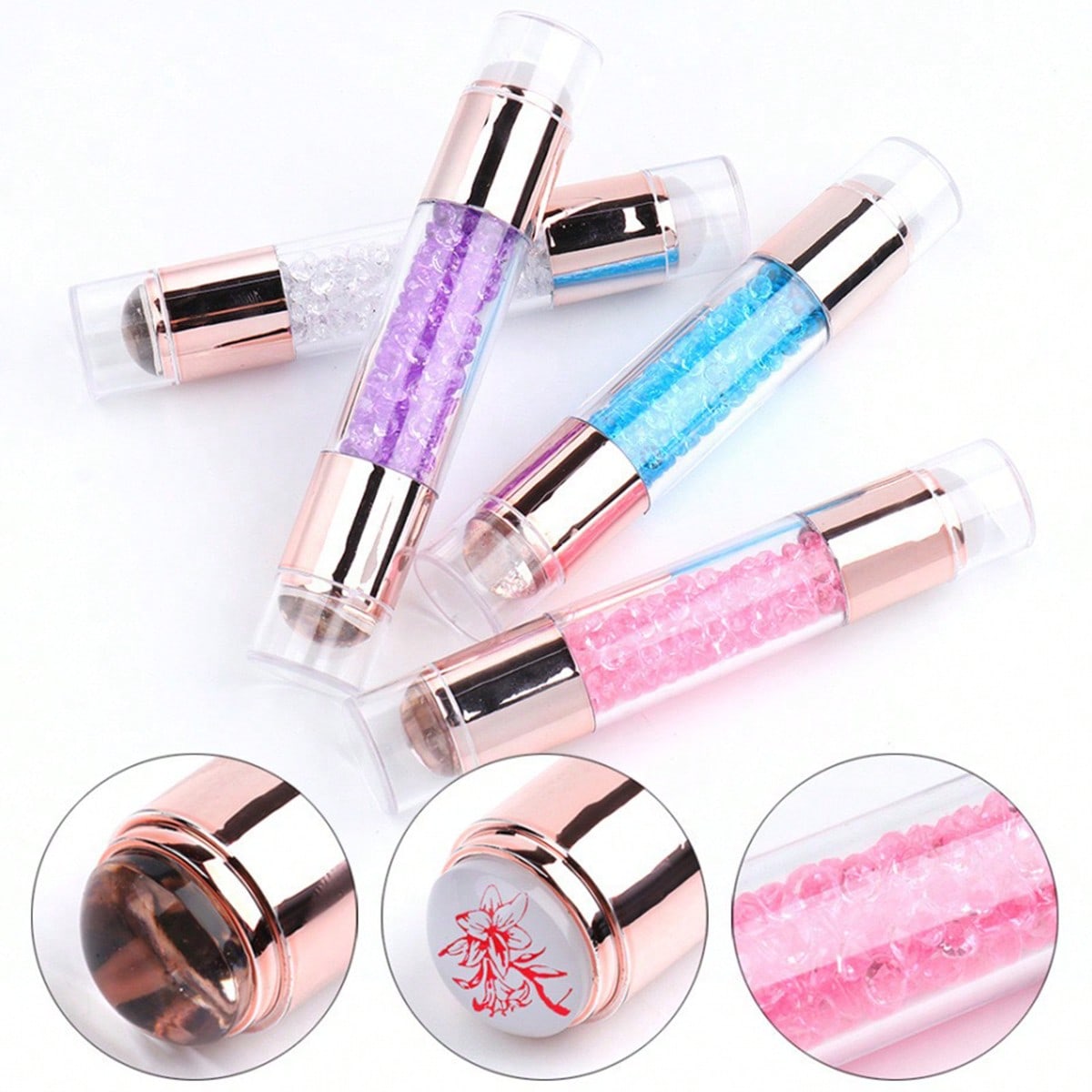 3pcs Acrylic Color Diamond Double Headed Silicone Nail Template Stamp Transfer Pen Nail Tool Double Headed Silicone Nail Stamp With Rhinestone Decoration - Formaldehyde Free, Suitable For DIY Nail And Foot Repair, Electroplating, Transparent Milk White, Stamp Tool Use Transparent Silicone Stamp And Scraper For Quick And Simple Method Of Nail Art