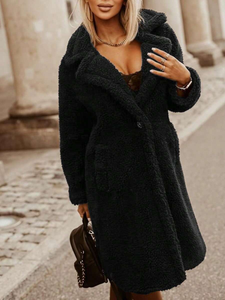 Áo khoác nỉ dài tay cổ bẻ dáng thường ngày dành cho nữ, màu đen thu đông.