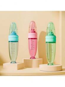 Bình sữa silicon nhiều màu 90ml/3OZ mới, Bình đựng cháo kèm thìa ăn bằng silicon mềm, cốc hút và nắp chống bụi, bình sữa bóp mềm - Nhiều màu - Xem 9