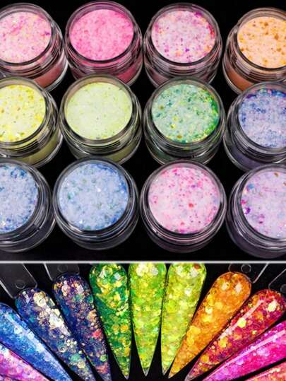 12 Colors Acrylic Powder Set, 12boxes/Set 10ml Box Mermaid Hexagon Chunky Glitter Acrylic Powder For Nail Extension,Carving Dipping 3 In 1 Professional Acrylic Polymer Nail Powder With Glitter,No Nail Lamp Needed
