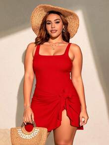 Swim Lushoire Plus Size Solid Color Swimsuit Dress, Fashionable For Summer - Red - View 5