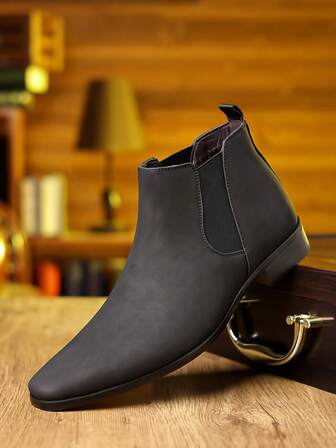 男士复古英伦风格尖头靴，新款百搭休闲绒面切尔西踝靴（大一码）
