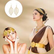5-Piece Greek Goddess Costume And Accessory Set, Including A Golden Laurel Leaf Headpiece, Tassel Waist Chain, Leaf-Shaped Necklace, Hollowed-Out Golden Leaf Earrings And Armbands. An Elegant Gift For Myth Lovers, Suitable For Female Party Brides' Weddings, Halloween Medusa Role-Playing, Bride Photo Shoots, And Bohemian-Style Weddings - Multicolor - View 3