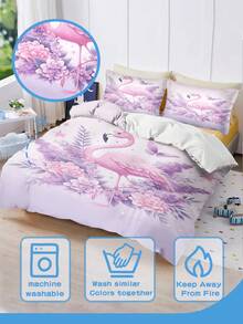 Juego de ropa de cama personalizado de 3 piezas, base morada con estampado de flamencos rosas, impresión de nombre personalizable, tela de poliéster, impresión digital, adecuado como regalo familiar de vacaciones para niñas - Multicolor - Ver 6