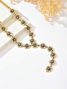 1 件复古夸张时尚微镶嵌蓝色仿绿松石花朵拼布 Y 形流苏长项链，奢华金色花卉毛衣链项链配饰适合女性日常、宴会、派对穿着 - 金色 - 查看 3