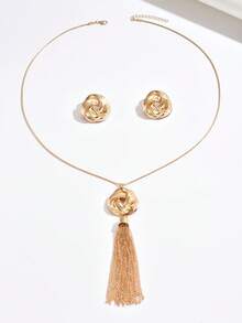 2 件复古百搭几何 3D 不对称包裹金属链流苏项链和耳环套装，时尚个性化创意项链耳环，适合女性日常、节日、派对、休闲穿着 - 金黃色 - 查看 3