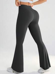 YZMJAFU 女士高腰喇叭裤，交叉弹力腰带设计，休闲长款靴型裤，弹力面料，凸显曲线，瑜伽/健身紧身裤，高腰无缝塑形紧身裤，柔软材质 - 灰色 - 查看 5