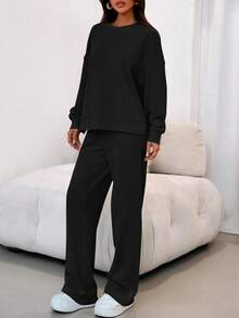 Traje de dos piezas para mujer, traje deportivo, sudadera holgada, pantalón deportivo, traje casual a juego de moda de otoño. - Negro - Ver 5