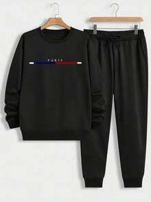 Conjunto de ropa deportiva para hombre, ropa deportiva de dos piezas estampada de manga larga, sudadera deportiva de color sólido combinada con pantalones deportivos básicos, adecuada para otoño e invierno. - Negro - Ver 2