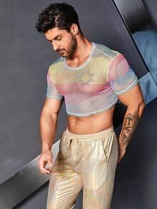 Men's Fishnet Mesh Tee Shirt Round Neck Short Sleeve Crop Top - 彩色 - 查看 6