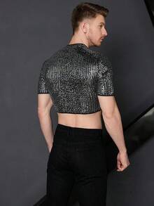 Men's Fishnet Mesh Tee Shirt Round Neck Short Sleeve Crop Top - Solid Black - View 4