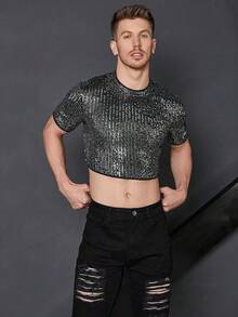 Men's Fishnet Mesh Tee Shirt Round Neck Short Sleeve Crop Top - Solid Black - View 10