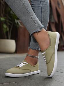 Zapatos cómodos de lona con cordones para mujer - Zapatillas casuales suaves y transpirables, adecuados para caminar y correr - Caqui - Ver 6