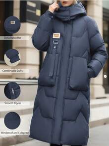 Women Solid Color Hooded Long Sleeve With Pockets Mid-Length Thickened Jacket - Navy Blue - View 1
