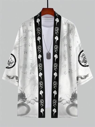 男士休闲和服开衫，武士正义印花图案和服，休闲夏季服装