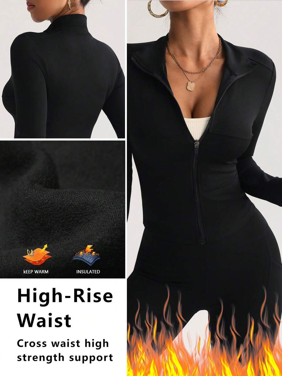 FWH Damski, dopasowany, oddychający zestaw do ćwiczeń, do biegania na świeżym powietrzu, z ochroną przeciwsłoneczną, zapinany na zamek błyskawiczny, elastyczny, prosty, wyszczuplający, modny, seksowny, wysokiej jakości, podstawowy, miejski, elastyczny, rekreacyjny, unikatowy kolor, podkreślający urodę, elegancka, obcisła, termiczna, podszyta, z długim rękawem kurtka do jogi - Czarne - Zobacz 1