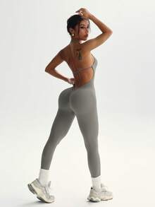 女士高弹无缝瑜伽连体裤 - 收腹塑形，纯色，修身运动连体裤，适合健身塑形，舒适透气，时尚塑身连体裤，夏季款 - 灰色 - 查看 3