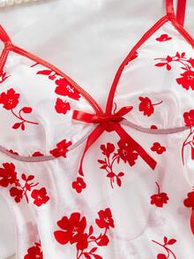 2 pièces Robe de lingerie sexy en maille à imprimé floral floqué rouge avec culotte tanga, douce, mignonne, élégante