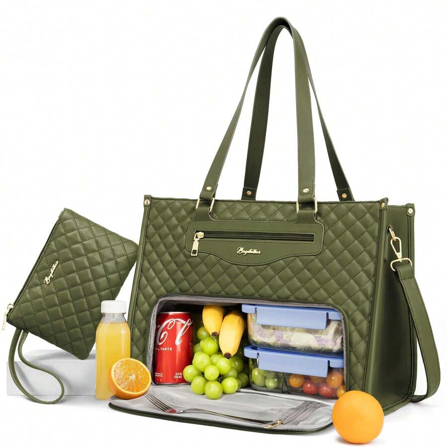 Lunch Tote Bag For Women, 15.6 Inch Laptop Work Bag With Insulated Lunch Box Compartment & Purse Large Capacity Quilted Computer Handbag For Office Business Work Nurse Teacher Moms Travel Casual - 綠色 - 查看 1