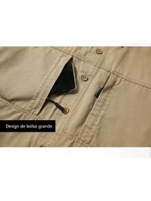 Men's Long Sleeve Shirt - Cotton With Zippered Pockets For Casual And Work Style - 卡其色 - 查看 5
