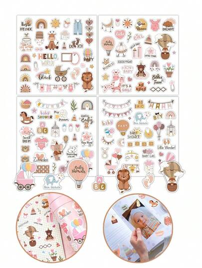 4 Blatt BABY Aufkleber mit englischen Cartoon Morandi Dekorativen Handbuch Sammelalbum Baby Aufkleber, Kleinkind Kinder und Baby Album Aufkleber für DIY Memo und Journaling, Tassen, Spiralbücher und andere Dekoration