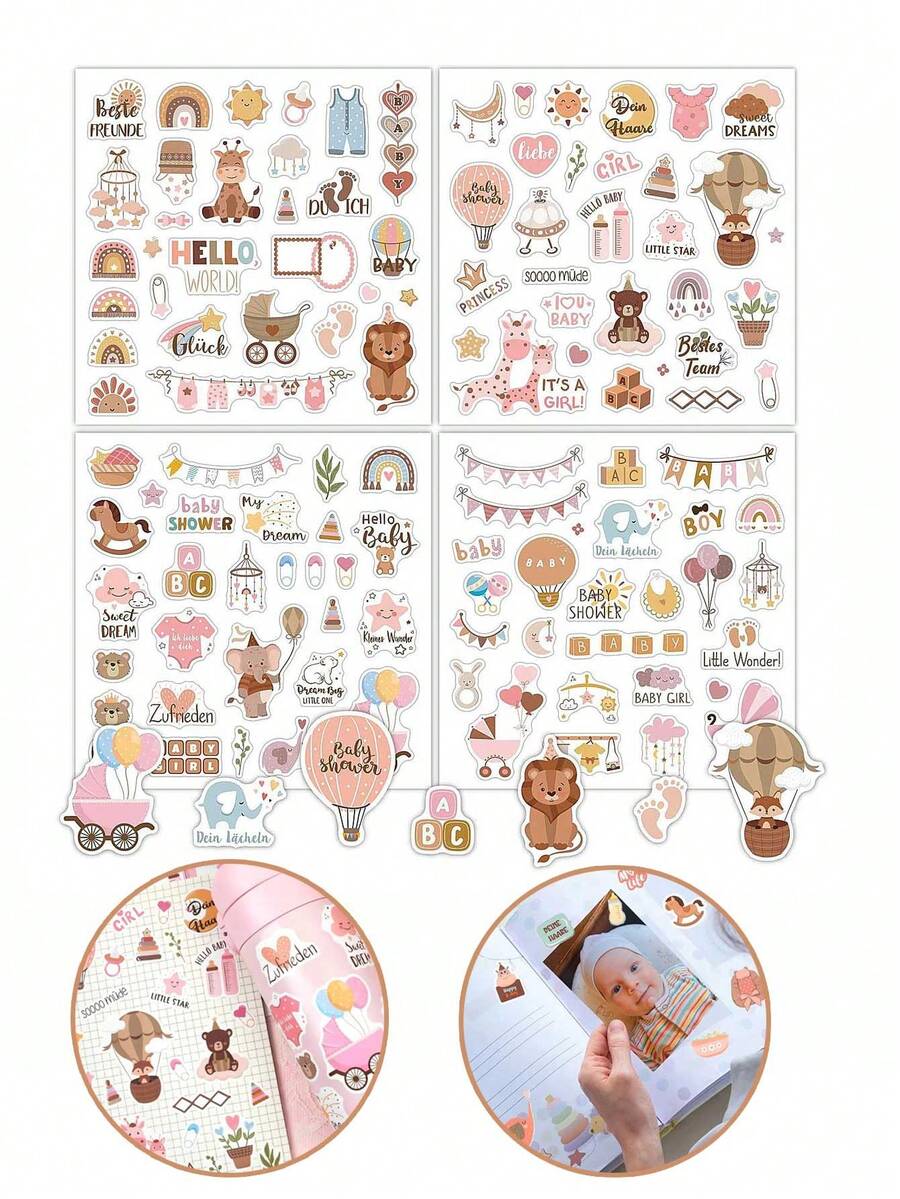 4 Blatt BABY Aufkleber mit englischen Cartoon Morandi Dekorativen Handbuch Sammelalbum Baby Aufkleber, Kleinkind Kinder und Baby Album Aufkleber für DIY Memo und Journaling, Tassen, Spiralbücher und andere Dekoration