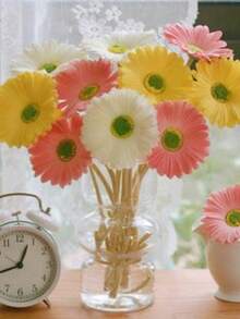 6Pcs Artificial Gerbera Wedding Bridal Bouquet Party Home Office Kitchen Table Center (White, Yellow, Orange, Pink, Rose Red)