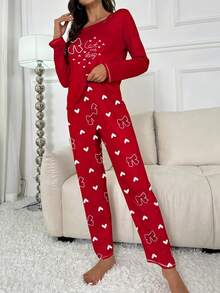 Red Bow Printed Long Sleeve Top & Pants Pajama Set, Women Sleepwear, Fall Winter Clothes, Christmas - Red - View 2