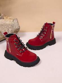 1 双女童时尚可爱优雅校园风圆头侧拉链靴 - 酒紅色 - 查看 5