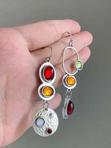 1 Pair Elegant Asymmetric Enamel Colored Glass Unique Personalized Earrings, Versatile For Autumn/Winter, Vintage Novelty Gemstone Earrings, Suitable For Halloween, Christmas, Holiday Gifts - Silver - View 6