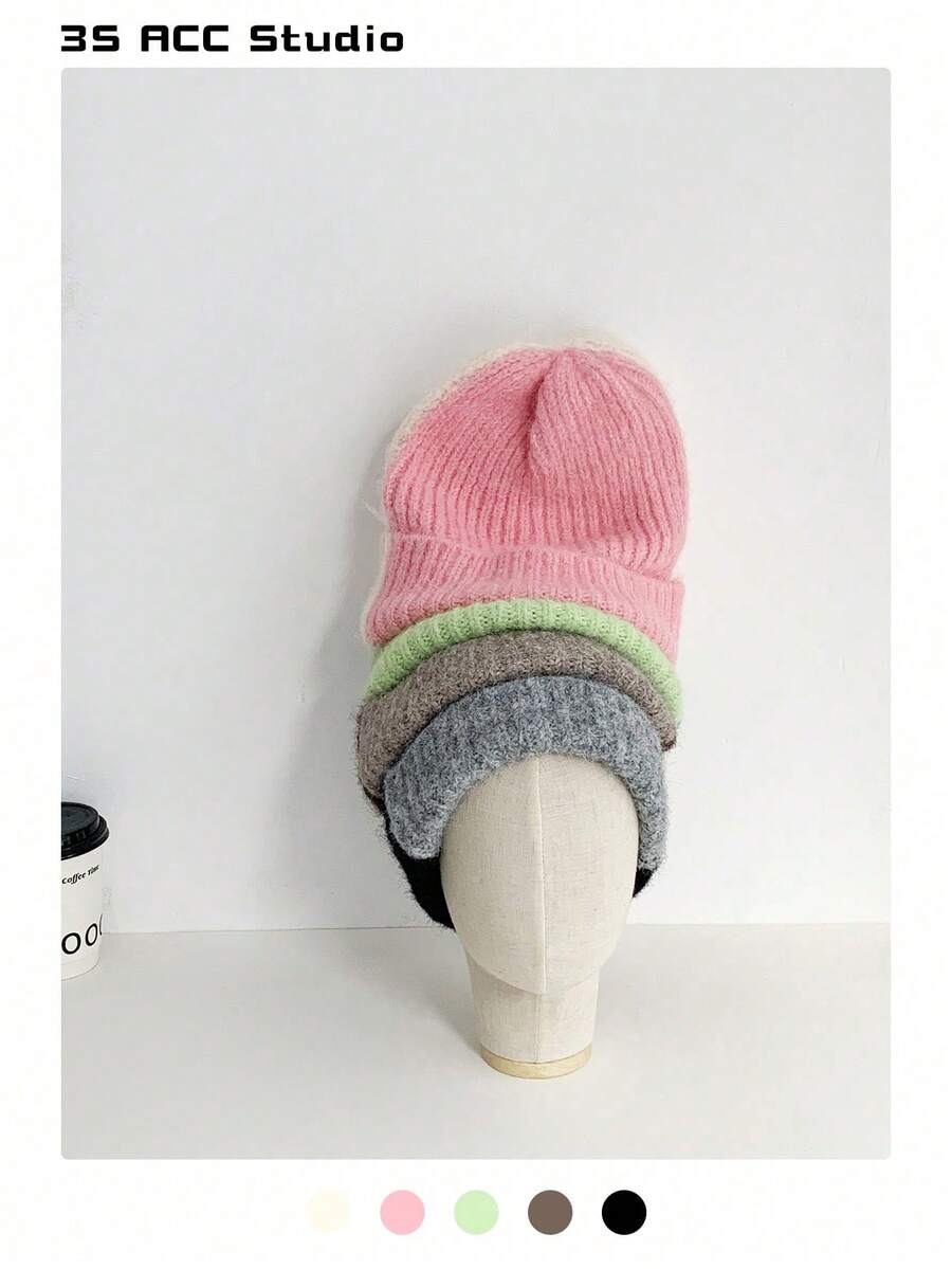 1 件女士冬季针织帽，糖果色拼布，温暖户外风格休闲装，全新设计 - 彩色 - 查看 1