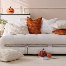1pc Halloween Pumpkin Decorative Throw Pillow Cover, Front Embroidered Pumpkin, Reverse Plush Fabric, Square Cushion Cover, Holiday Home Pillow Decor, Soft Velvet Fabric, Modern Decor For Sofa, Home & Bedroom - Orange - View 8