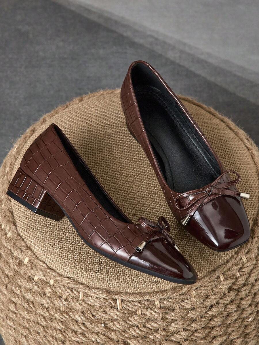 MonaNise Giày cao gót mũi vuông 3cm dành cho nữ, thích hợp đi làm, đi chơi, tiệc tối, trang trí nơ cổ điển, màu xanh navy, giày lười thời trang thường ngày - màu nâu - Xem 1