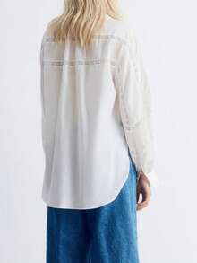 Womens Loose Button Down Shirts Long Balloon Sleeve Lace Patchwork Tops Fall Blouse - trắng - Xem 6