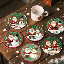 1set/4pcs/6pcs Santa Patterned Diatom Mud Coasters, Coffee Coasters, Multi-Occasion Decoration For Home And Restaurant, Daily Gifts, Table Decoration, Daily Decoration, Theme Party Decoration
