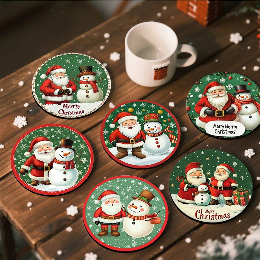 1set/4pcs/6pcs Santa Patterned Diatom Mud Coasters, Coffee Coasters, Multi-Occasion Decoration For Home And Restaurant, Daily Gifts, Table Decoration, Daily Decoration, Theme Party Decoration
