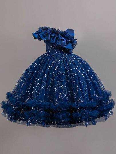 Rochie de petrecere prințesă fetiță cu umăr oblic Rochie de bal de nuntă pentru ziua de naștere, rochie pufoasă și elegantă