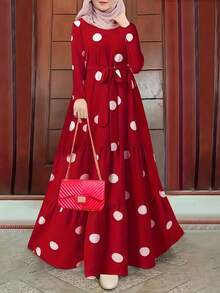 Vestido largo con estampado de lunares para mujer con cintura con cinturón y dobladillo con volantes, vestido de manga larga con cuello redondo para invitada de boda, vacaciones, días festivos, uso en el hogar y diario en otoño, invierno y primavera - Rojo - Ver 1
