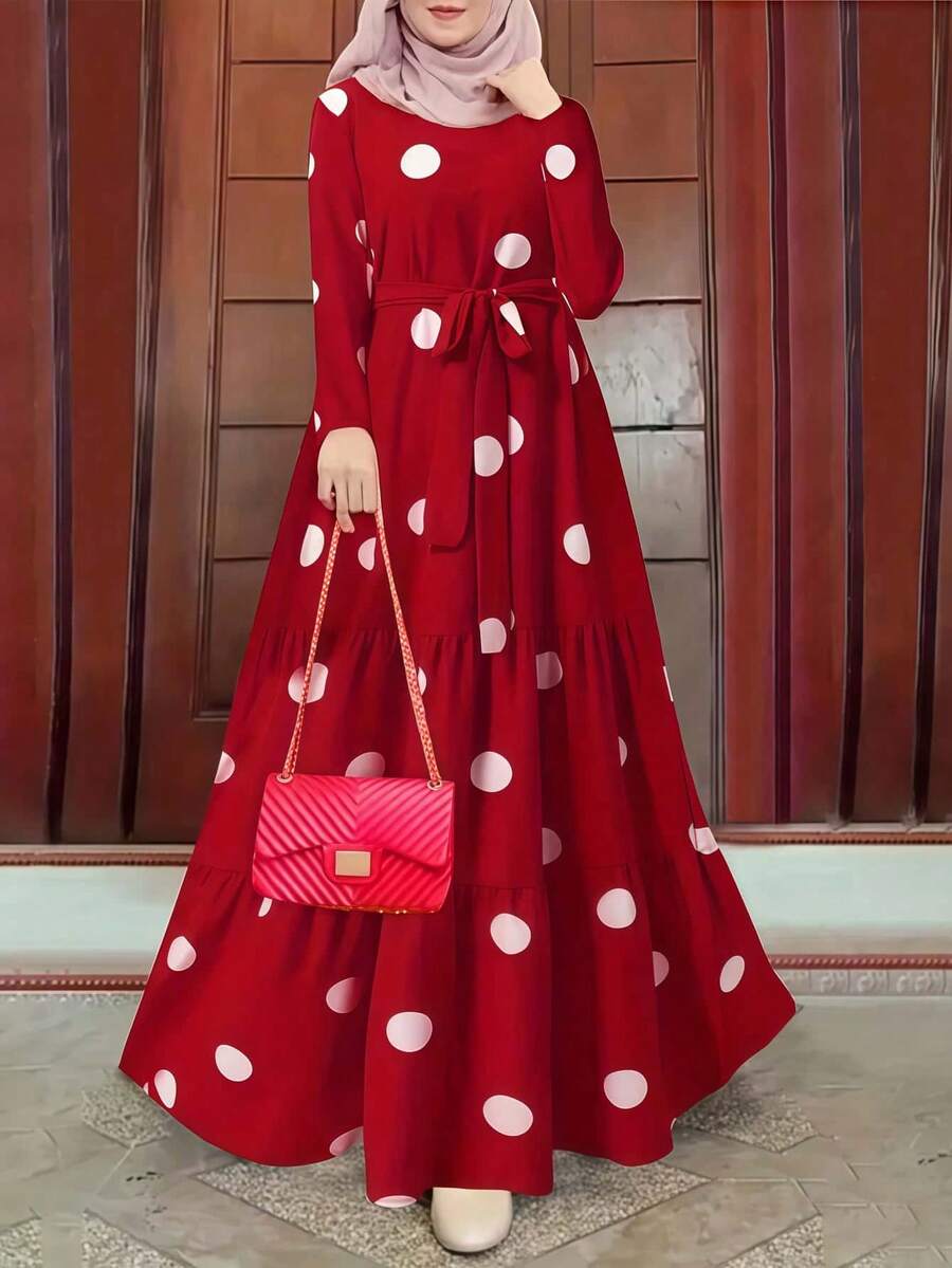Vestido largo con estampado de lunares para mujer con cintura con cinturón y dobladillo con volantes, vestido de manga larga con cuello redondo para invitada de boda, vacaciones, días festivos, uso en el hogar y diario en otoño, invierno y primavera - Rojo - Ver 1