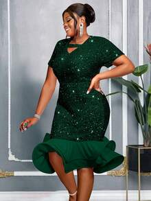 AOMEI Plus Size Sequin Mermaid Ruffle Hem Gorgeous Festival Party Dress Short Sleeve Wedding Guest Outfits