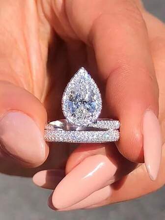 1 Piece Exquisite Elegance Silver Color Solid Stylish Pear-Shaped Big Drop Water Rings For Women Shiny Round Tiny Zirconia Geometric Open Adjustable Finger Hollow Ring Bridal Wedding Ban Party Wedding Banquet Vacation Jewelry Gift