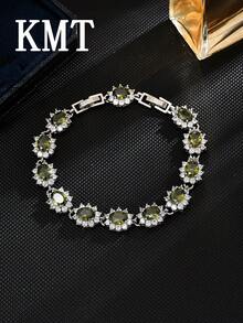 1 pieza Pulsera de mujer elegante y de lujo con flor ovalada de circonita cúbica incrustada en cobre, empaquetada en caja de regalo - Pulsera ovalada - Ver 4