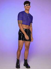 Camiseta de malla de red para hombre, cuello redondo, manga corta, top corto - Azul - Ver 3