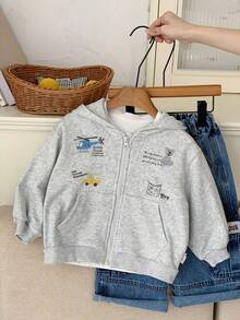 2-5Y Kids Hooded Printed Sweatshirt Jacket, Autumn - Grey - View 1