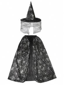 Set da 3 pezzi Mantello, cappello da strega con ragno viola e zucca per travestimento di Ognissanti